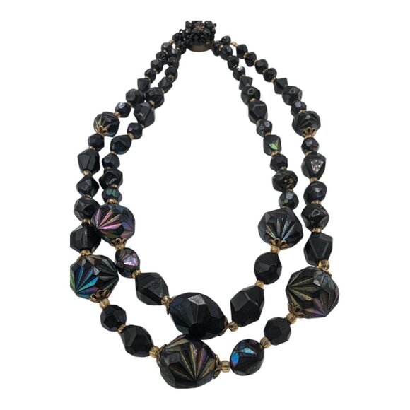 Vintage Western Germany Double-Strand Black Iridescent Bead Necklace Box Clasp - Picture 9 of 9